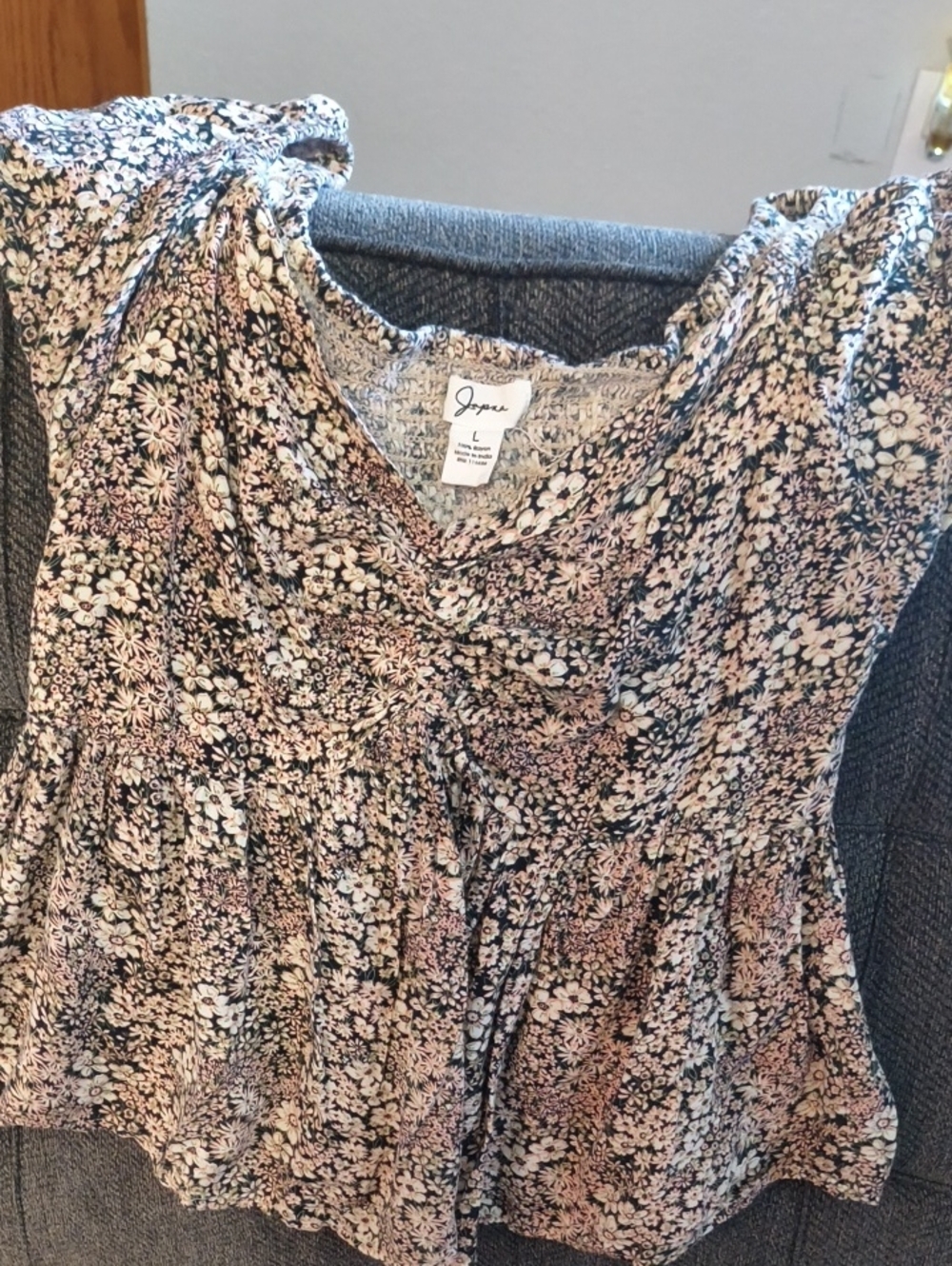 Joie Black Floral V-Neck Blouse with Pink and Cream Accents